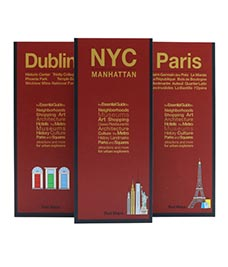 Books spines titled Dublin, New York City, and Paris facing the viewer.