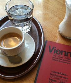 Cup of coffee next to a map of Vienna.