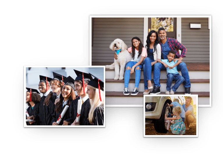 three images featuring a family in front of home, a graduation, and a family changing a tire