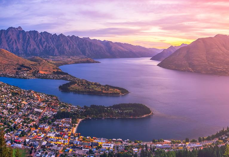 Gondola view of Queenstown, New Zealand at sunset