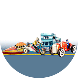 Toy version of a boat, a motorcycle, a camper, and an old fashioned car on a blue background