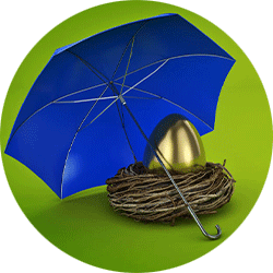 Blue umbrella protecting a gold egg in a twig nest