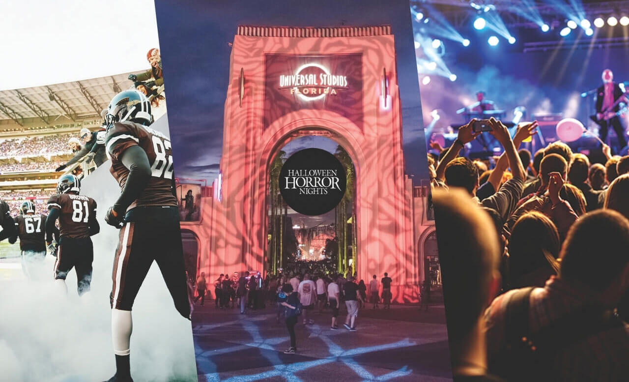 Football players, Universal Studios entrance, Concert crowd, band on stage